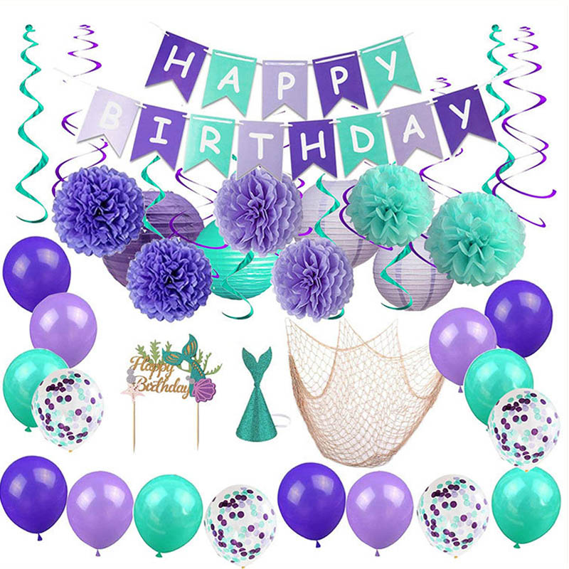 Pom Girls Banner Balloons Fish Net Birthday Mermaid Set